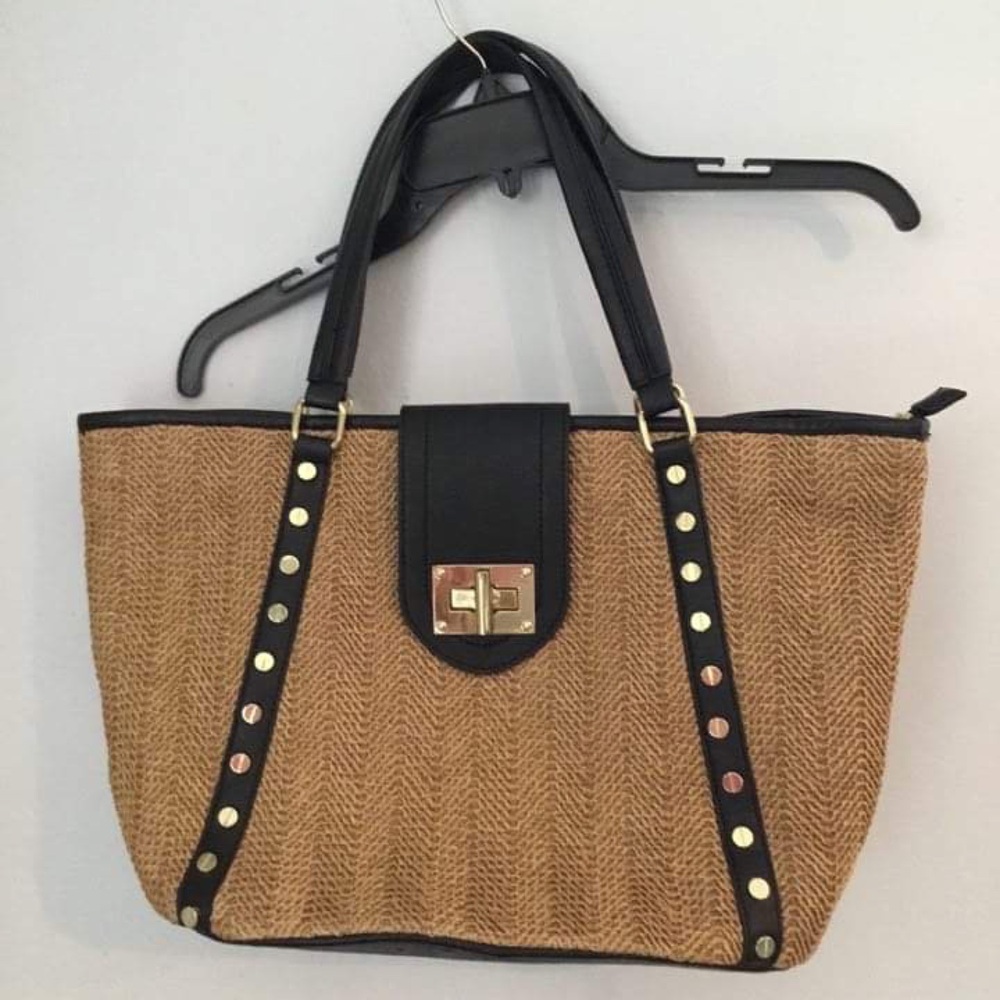 Olivia & Joy New York Brown Weave Handbag with BlackStraps and Trim.